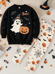 1 Set Random Young Girl Outfit Set,Animal Element Pattern Print Crew Neck Long Sleeve Ribbed Sweatshirt Paired Matching Pattern Print Long Leggings - Multicolor - View 4