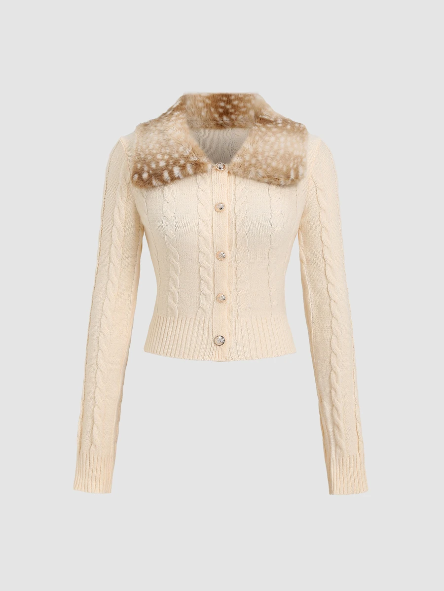 Sweetra Sweet Cool Style Leopard Print Faux Fur Collar Cable Knit Cardigan - Beige - View 1