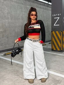SHEIN Unity 大尺碼女款工裝口袋寬腿寬鬆休閒牛仔褲 - 白色 - 查看 3