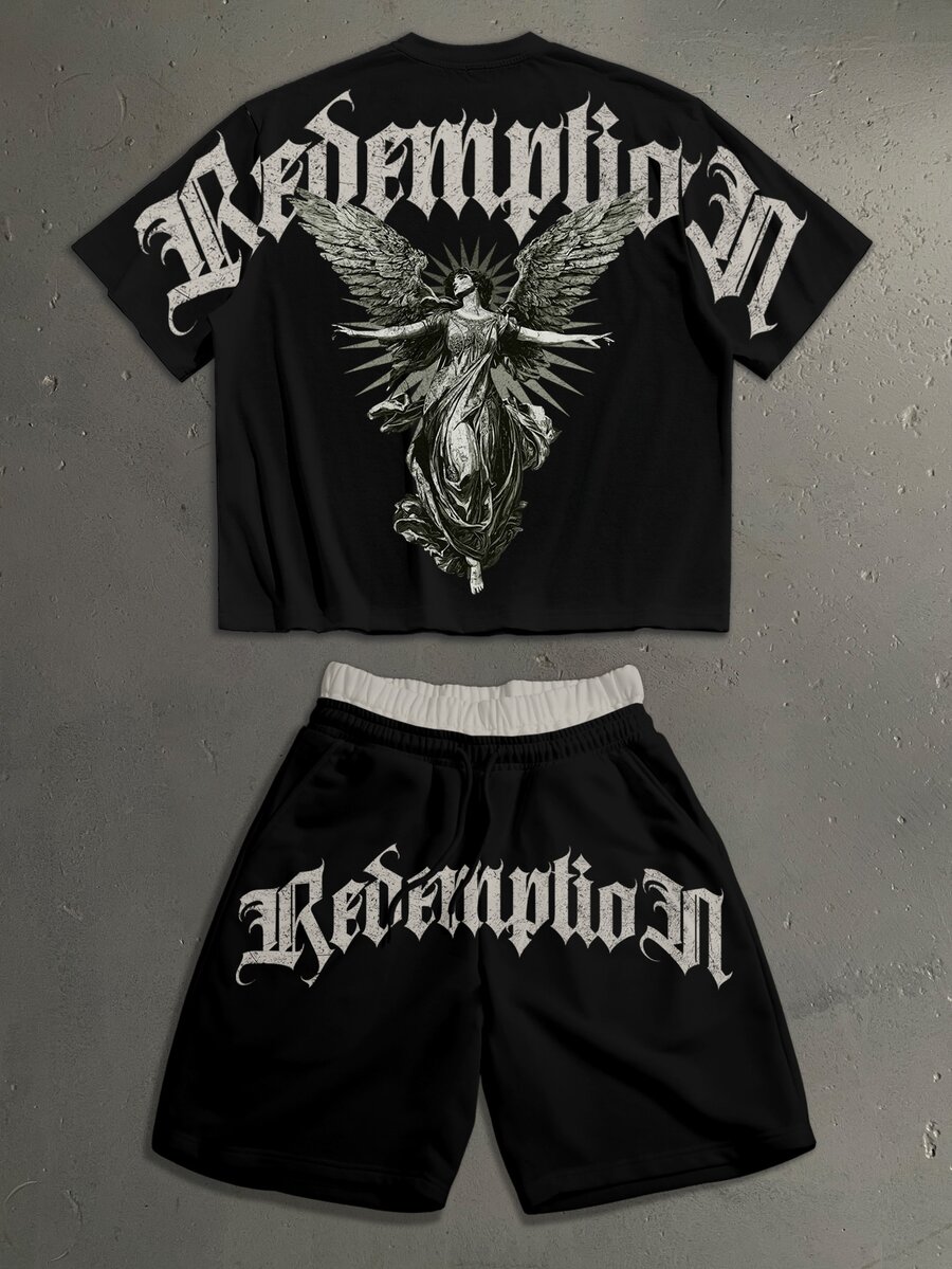 StoneGrade Men's Curved Gothic Font Classical Plaster Angel Fashion Print Drop Shoulder Loose Fit Short Sleeve T-Shirt And Double Waistband Short Sweatpants Set - Black - View 1