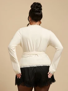 SHEIN BAE CURVE Plus Size Women's Spring/Autumn Elegant Elegant Contrast Lace Trim Tie Waist Blouse Fall - Yellow - View 4