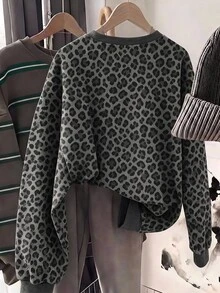 SHEIN LUNE 女款休閒圓領寬鬆衛衣，豹紋印花衛衣，女款秋冬服飾 - 彩色 - 查看 2