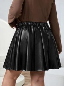 SHEIN CURVE+ 大尺碼優雅百褶PU材質迷你裙 秋季 - 黑色 - 查看 7