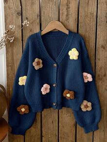 SHEIN Tween Girls Cardigan Navy Ribbed V-Neck Button Front Long Balloon Sleeve Floral Applique Knit Sweater - Navy Blue - View 1