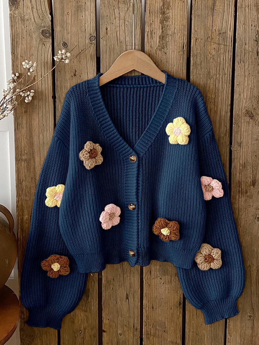 SHEIN Tween Girls Cardigan Navy Ribbed V-Neck Button Front Long Balloon Sleeve Floral Applique Knit Sweater - Navy Blue - View 1