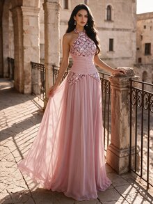 Coutiva Women's Glamorous Sequin Pleated Cinched Waist Halter Neck Formal Evening Gown - Pink - View 1
