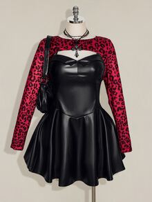 SHEIN ICON Plus Size Y2K Red Leopard Print Sleeveless Ultra Cropped Long Sleeve Top - Red - View 2