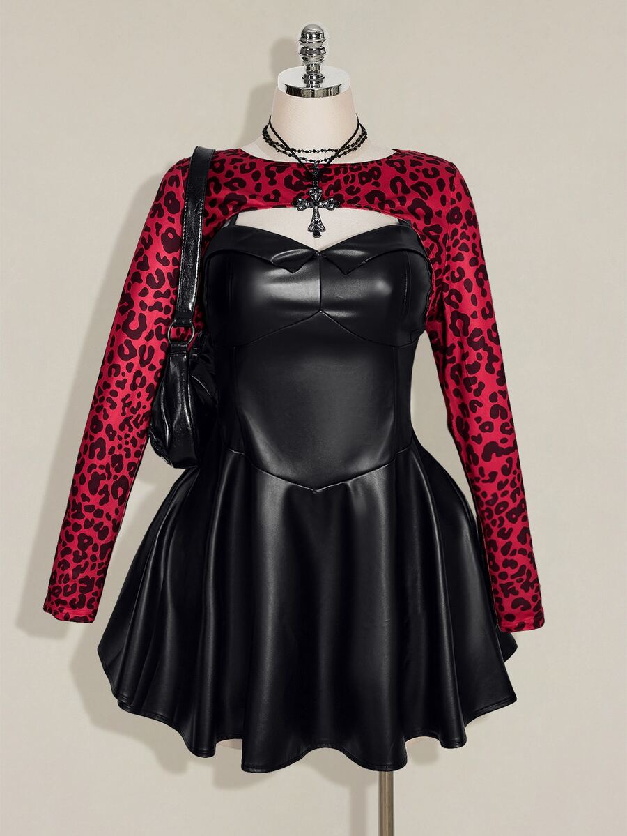 SHEIN ICON Plus Size Y2K Red Leopard Print Sleeveless Ultra Cropped Long Sleeve Top - Red - View 1