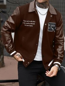 Manfinity CasualCool 男士純色拼接前扣長袖字母印花休閒棒球夾克，隊服夾克 - 棕色 - 查看 7