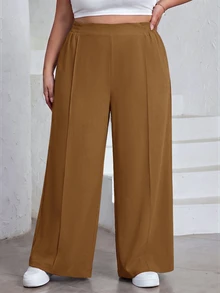SHEIN CURVE+ 大尺碼女款純色百褶褲，黑色寬鬆寬腿褲，Curve Plus，波希米亞度假風 - 卡其色 - 查看 7
