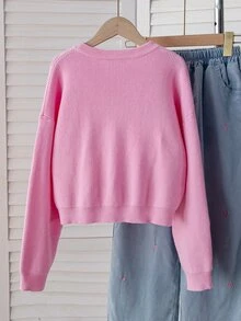 SHEIN 8-12歲女孩粉色珍珠與硬幣針織厚短款圓領毛衣，滿版紅色愛心刺繡，落肩寬鬆長袖套頭衫，柔軟針織上衣，適合學校穿著，春秋季內搭/外穿 - 粉色 - 查看 2