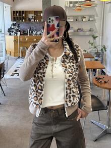 DAZY Women's Autumn/Winter Leopard Print Colorblock Short Casual Streetwear Knit 2 In 1 Jacket With Faux Fur Everyday Black And White Leopard Print - Brown - View 3
