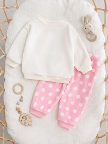 SHEIN Kids Baby Girl Knitted Cute Cartoon Rabbit Embroidered Pattern Crew Neck Pullover Faux Fur Sweatshirt With Elastic Waist Polka Dot Faux Fur Long Pants 2 Pieces Set, Suitable For Autumn/Winter, Casual Versatile Comfortable - Multicolor - View 3