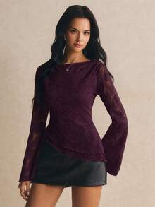 Poéselle Women's Floral Print Slim Fit Versatile Daily Wear Bell Sleeve T-Shirt - Red Violet - View 6