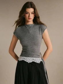 Poéselle Women's Lace Patchwork Casual Daily Short Sleeve Top - Grey - View 3