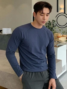 DAZY 春秋款男士海軍藍長袖圓領T恤 - 藏蓝色 - 查看 4