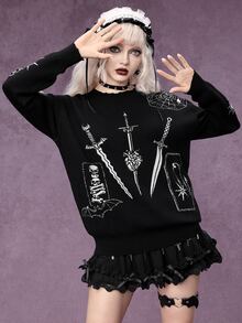 ROMWE Gothic Punk Halloween Outfit Metal Utensil Collage Pattern Distressed Raw Edge Design Round Neck Pullover Loose Fit Sweater - Black - View 4