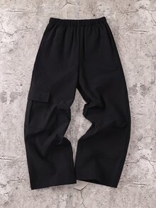 SHEIN 兒童青少年男孩休閒日常舒適工裝直筒寬鬆長褲，黑色工裝褲，新年，六七歲，適合外出、約會、上學，春夏秋冬四季皆宜 - 黑色 - 查看 5