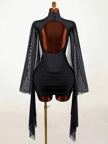 Mistrie Women's Contrast Mesh Bell Sleeve Pleated Fashion Sexy Backless Dress - Black - View 3