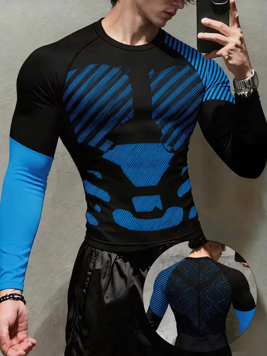 Gym Rark Men's Striped Contrast Color Long Sleeve Crew Neck Slim Fit Sports T-Shirt - Black - View 1