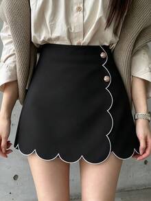 INAWLY Contrast Color Wavy Hem Embroidered Faux 2-Piece Elegant Commuter Women's Skirt - Black - View 4