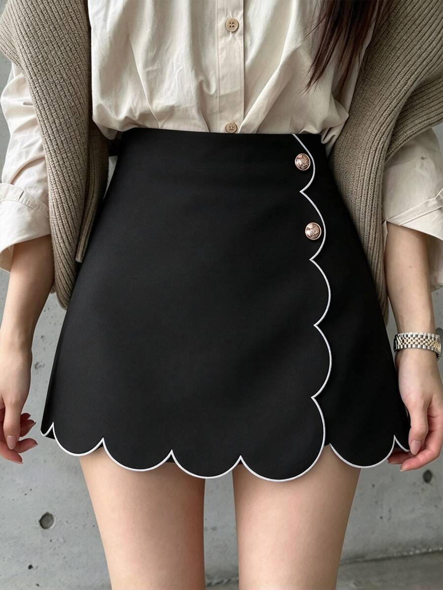 INAWLY Contrast Color Wavy Hem Embroidered Faux 2-Piece Elegant Commuter Women's Skirt - Black - View 1