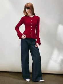 SHEIN Women's Cardigan Slim Fit Textured Knit Pearl Buttons Ruffle Cuffs Round Neck Elegant Red Solid Sweater Cardigan For Women Knit National Day - Burgundy - View 6