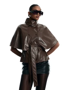 LYSMO Women's Solid Color PU Leather Fashion Versatile Daily Casual Jacket - Brown - View 3