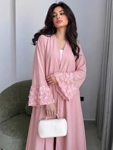 Yasmyna Women Spring Autumn Outfit Gentle Pink 3D Floral Beaded Open Abaya Elegant Flare Sleeve Maxi Cardigan For Family Gathering Engagement Wedding Guest - Pink - View 10