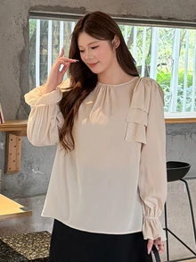 Bijouette Plus Size Women's Spring/Autumn Elegant Lady Style Minimalist Solid Color Shoulder Big Bow Decor Ruffle Sleeve Blouse - Apricot - View 3