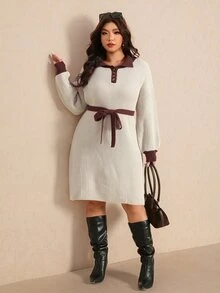 Elaquor Plus Size Women's Autumn/Winter Contrast Color Polo Collar Lantern Sleeve Belted Sweater Dress - Multicolor - View 5