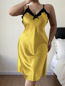 SHEIN 成熟優雅緞面細肩帶洋裝花卉圖案網紗睡袍大尺碼睡衣2件套 - 黃色 - 查看 4