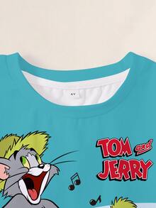 TOM & JERRY X SHEIN 小男孩字母卡通印花圓領短袖休閒T恤 - 白色 - 查看 3
