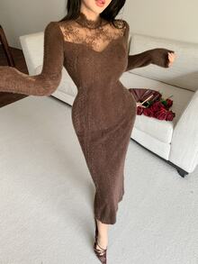 Feyla Women's Sweet Lace Patchwork Long Sleeve Mermaid Dress - Coffee Brown - View 4