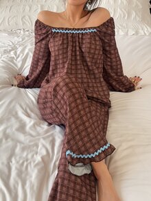 Napfluff Women's Vintage Square Neck Plaid Contrast Color Ruffle Trim Pajama Set - Brown - View 3