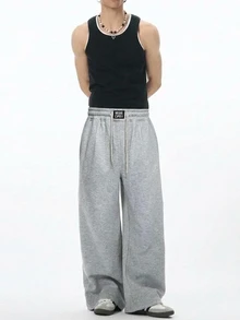 DAZY Autumn/Winter Thermal Lined Waistband Patch Elastic Waist Light Gray Straight Leg Men's Sweatpants - Light Grey - View 4