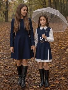 SHEIN Tween Girl Knit Solid Color Patchwork Woven Contrast Color 2 In 1 Casual Dress - Multicolor - View 3