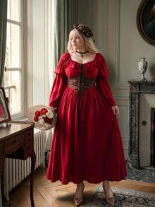 Lyrianda Plus Size Square Neck Cinched Waist A-Line Dress - Burgundy - View 8