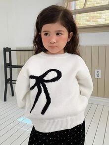 Dazy Kids Sweater Leher Bulat Lengan Lentera Tanpa Bahu dengan Hiasan Pita untuk Anak Perempuan - Krem - View 3