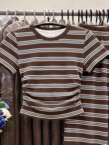 Tween Girl Striped Pattern Short Sleeve Crew Neck T-Shirt And Long Pants 2 Pieces Set - Multicolor - View 5