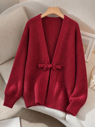 GlowEve CURVE Plus Size Women Fall Winter Casual Knit Cardigan Jacket, Textured Handmade Chinese Frog Closure Loose Drop Shoulder Long Sleeve Red Sweater Coat,