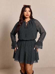 Elaquor 大尺碼休閒通勤波點印花洋裝，女款休閒波點藍色洋裝，適合秋冬休閒辦公商務工作與外出穿著 - 黑與白 - 查看 7