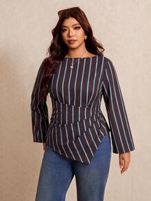 Elaquor Plus Size Women's Striped Flared Sleeve Pleated Asymmetric Hem Casual Shirt - Brown - View 4