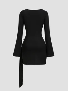 Sweetra Autumn/Winter New Arrival Knitted Textured Solid Color Vintage Square Neck Slim Fit Flattering Metal Button Dress - Black - View 2