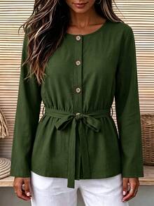 EMERY ROSE Women's Vintage Cinched Waist Casual Commute Long Sleeve Round Neck Blouse - Green - View 3