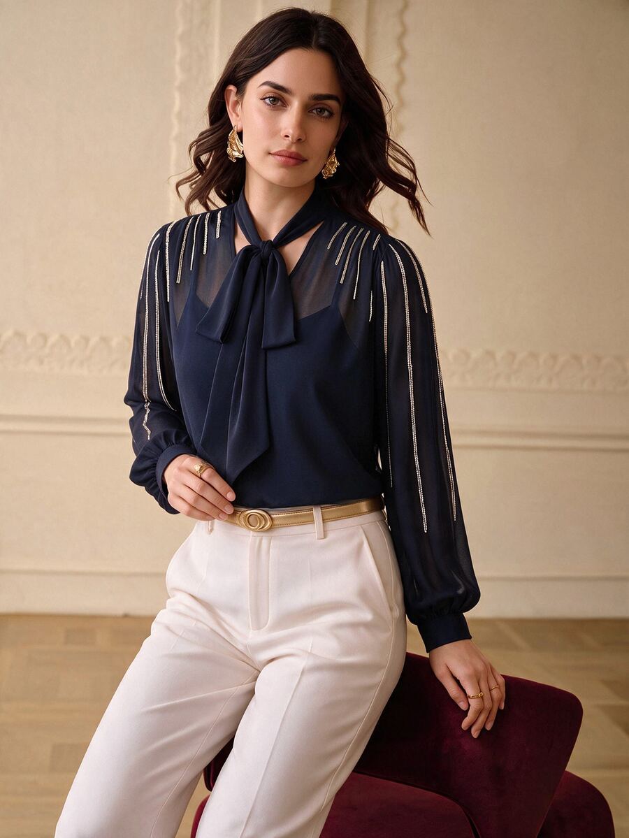 ZEYLAH Women's Tie Neck Casual Daily Wear Blouse - Navy Blue - View 1