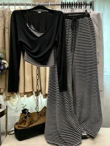 SHEIN LUNE CURVE 大尺碼女款針織純色T恤、條紋修身抽繩裝飾背心、優雅休閒通勤日常外出長褲三件套 秋季 - 黑與白 - 查看 5