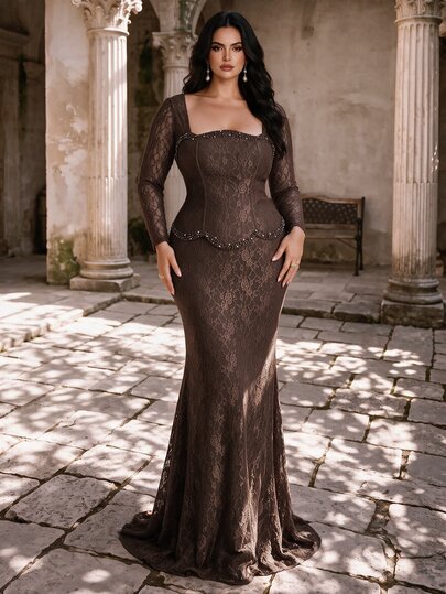 Coutiva Plus Size Women's Long Sleeve Rhinestone Decorated Lace High-End Evening Gown Luxury Dress