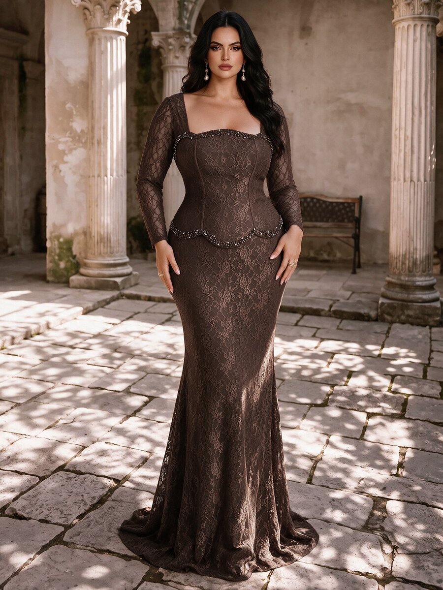 Coutiva Plus Size Women's Long Sleeve Rhinestone Decorated Lace High-End Evening Gown Luxury Dress - Coffee Brown - View 1