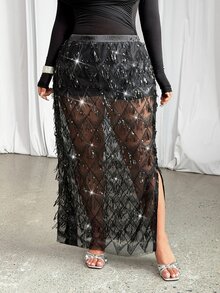 GalTyme Plus Size Elegant Sequin Sheer Skirt For Evening Party - Black - View 3